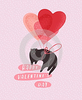 Special delivery. Cute cats in love. Romantic Valentines Day greeting card or poster. Kitten fly on balloon. Flyers