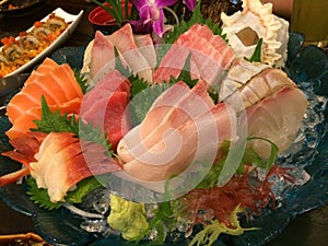 Special Deluxe Combination sashimi set Salmon, Tuna, maguro, otoro, Hotate, Scallop, Kanpachi, Amberjack, Sea Bass, Sea Bream