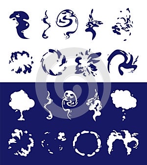 Special Effects Template Vector Smoke Set. Cartoon steam clouds, puff, mist, fog, watery vapour or dust explosion. For digital