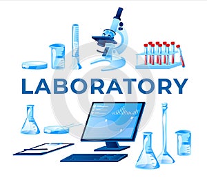 Special equipment for science medical and biology laboratory set of objects isolated white background