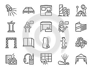 Special event line icon set. Included the icons as expo, festival, equipment, special effect, booth and more.