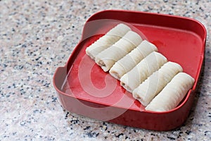 Special fish rolls made from fish roll with minced pork inside which was served in Shabu or Sukiyaki restaurant