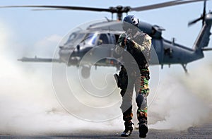 Special force assault in a mission with military helicopter