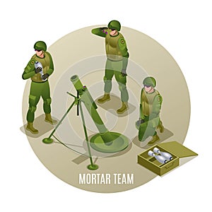 Mortar Team firing, Modern Army Soldiers illustration isometric icons on isolated background