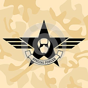 Special forces airforce Fighter. Armed forces badge, label or logo on camo background. Vector