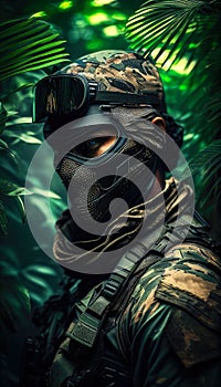 Special forces commando soldiers navigating their way through a dense jungle environment. Clad in camouflage gear and armed