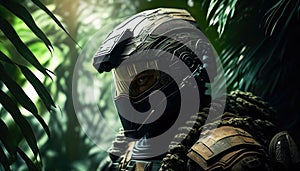 Special forces commando soldiers navigating their way through a dense jungle environment. Clad in camouflage gear and armed