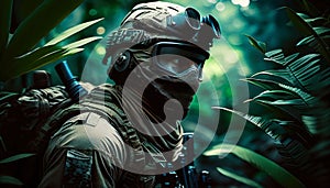 Special forces commando soldiers navigating their way through a dense jungle environment. Clad in camouflage gear and armed