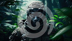 Special forces commando soldiers navigating their way through a dense jungle environment. Clad in camouflage gear and armed