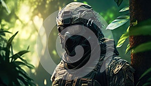 Special forces commando soldiers navigating their way through a dense jungle environment. Clad in camouflage gear and armed