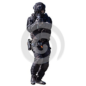 Special forces member in action isolated on white background