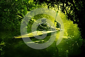 Special forces in the military kayak in the jungle