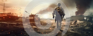 Special Forces Military soldier walking through destruction and battlefield warzone aftermath as wide banner with copyspace area