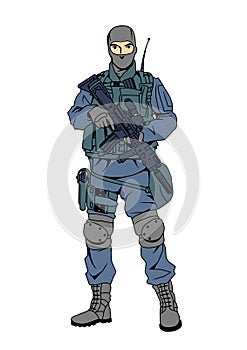 Special forces police officer, cartoon, character, color, drawing, illustration, vector