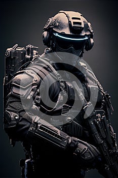 Special forces soldier in full gear. Studio shot on dark background.