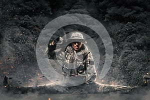 Special forces soldier man with Machine gun on a dark background