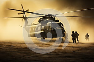 Special forces soldiers in front of a helicopter in the sandy dust.