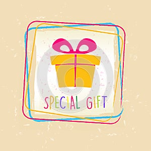 special gift with present box sign in frame over old paper background