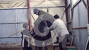 In special hangar, a young disabled man, with artificial limb learns to ride a horse with close supervision teachers