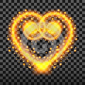 Special light effect of the heart with sparks and Golden. Transparent background, vector illustration.