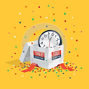 Special limited time sale symbol with white gift box, wall watch and flying confetti