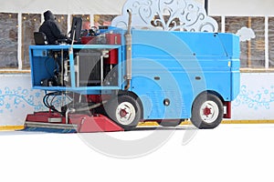 Special machine ice harvester cleans the ice rink