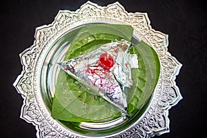 Special meetha paan masala isolated on Betel leaf top view
