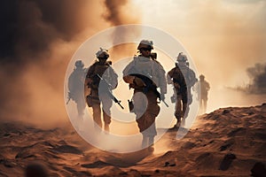 Special military soldiers walking in a smoky desert during a mission