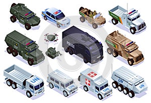 Special military transport of Police, Border Patrol and Peacekeepers Set collection, special equipment with isometric icons on iso