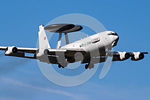Special mission AWACS plane at air base. Air force flight operation. Aviation and aircraft. Air defense. Military