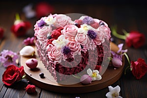 Special occasion treat, heart shaped cake adorned with flowers on wood