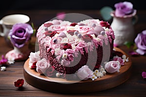 Special occasion treat, heart shaped cake adorned with flowers on wood