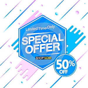 Special Offer, 50% off, sale banner design template, discount tag, vector illustration