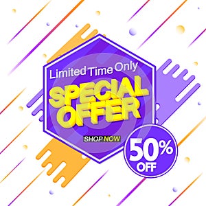 Special Offer, 50% off, sale banner design template, discount tag, vector illustration