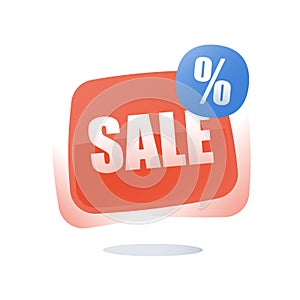 Special offer announcement, big sale, percentage sign red button, discount store, season clearance low price, best deal