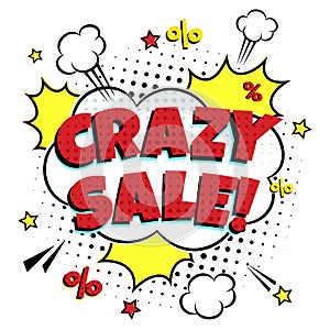 Special offer banner with comic lettering CRAZY SALE! in the speech bubble comic style flat design