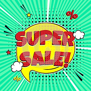 Special offer banner with comic lettering SUPER SALE! in the speech bubble comic style flat design