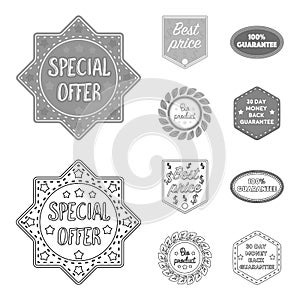 Special offer, best prise, guarantee, bio product.Label,set collection icons in outline,monochrome style vector symbol