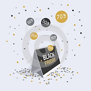 Special offer black friday discount symbol with calendar and flying confetti
