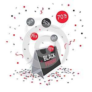 Special offer black friday discount symbol with calendar and flying confetti