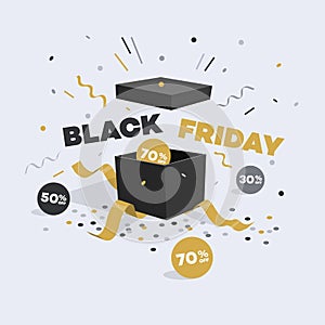 Special offer black friday discount symbol with open gift, discount labels and confetti