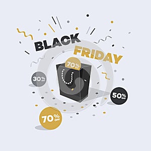 Special offer black friday discount symbol with shopping bag, discount labels and confetti
