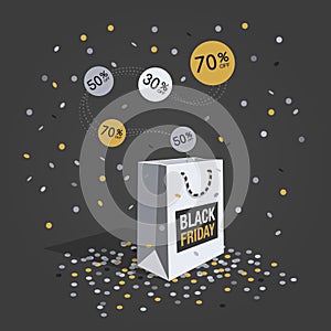 Special offer black friday discount symbol with white shopping bag, flying labels and confetti
