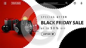 Special offer, Black Friday Sale, red and black discount banner with black piggy Bank, red and black balloons, presents and button