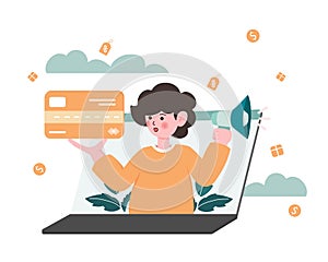 Special offer for cardholders and banking cashback for online shopping. Flat vector illustration man holding a big