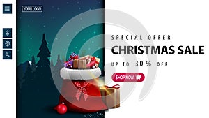 Special offer, Christmas sale, up to 30% off, white discount banner for website with pink button, green landscape on background