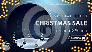 Special offer, Christmas sale, up to 50% off, beautiful blue modern discount banner with winter landscape on background