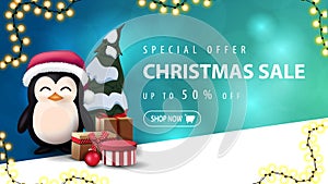 Special offer, Christmas sale, up to 50% off, blue discount banner with blurred background with bokeh and penguin.