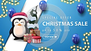 Special offer, Christmas sale, up to 50% off, blue discount banner with garland, blue balloons, diagonal line and penguin.