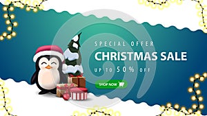 Special offer, Christmas sale, up to 50% off, blue and white discount banner with wavy diagonal line, garland, green button.